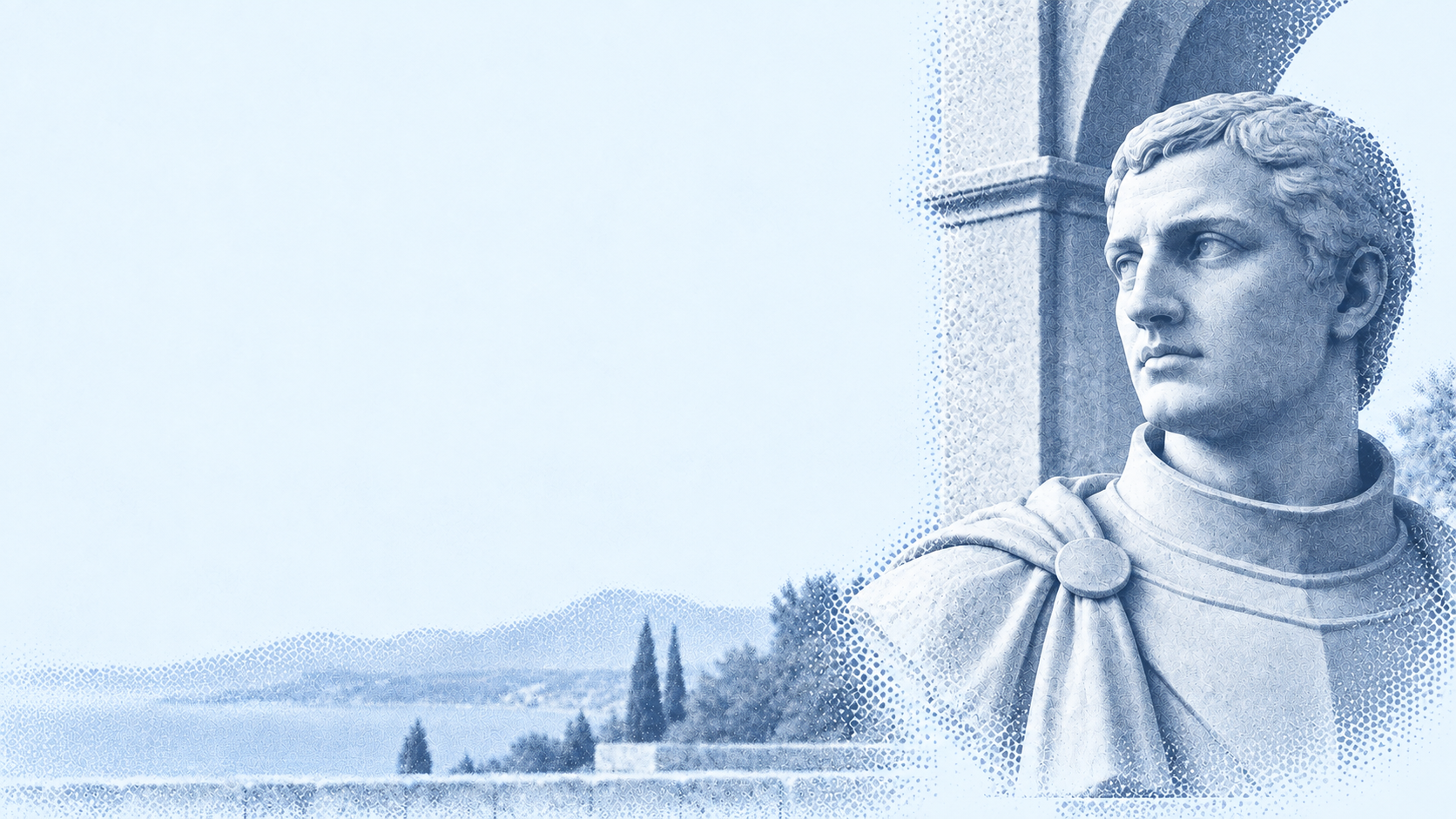 sculptural portrait beside an arch in pale blue