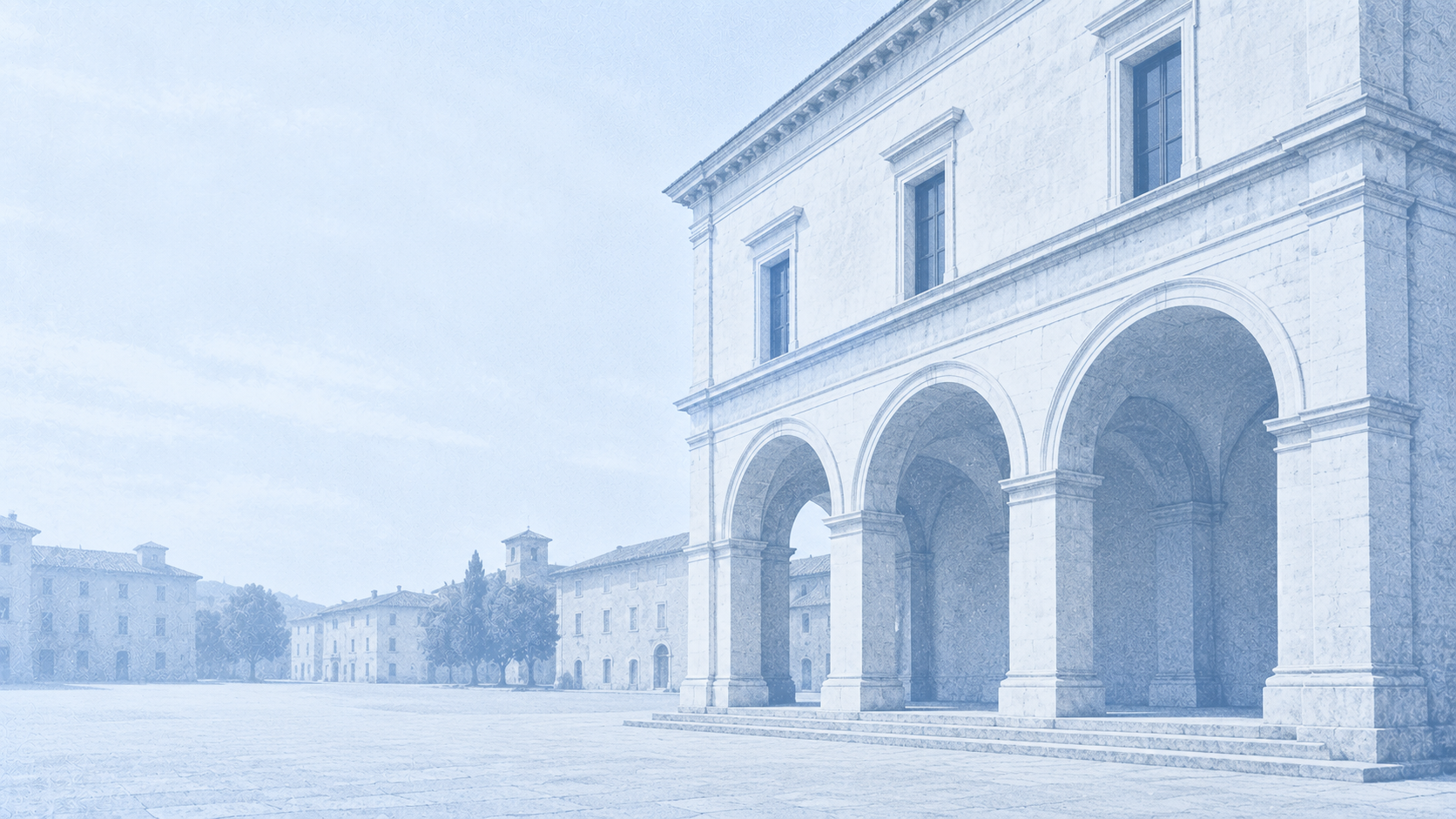 Renaissance arcade opening onto a quiet square in pale blue
