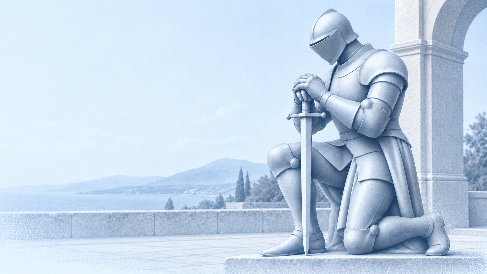 Helmeted knight kneeling on a pale stone terrace beside a Renaissance arch