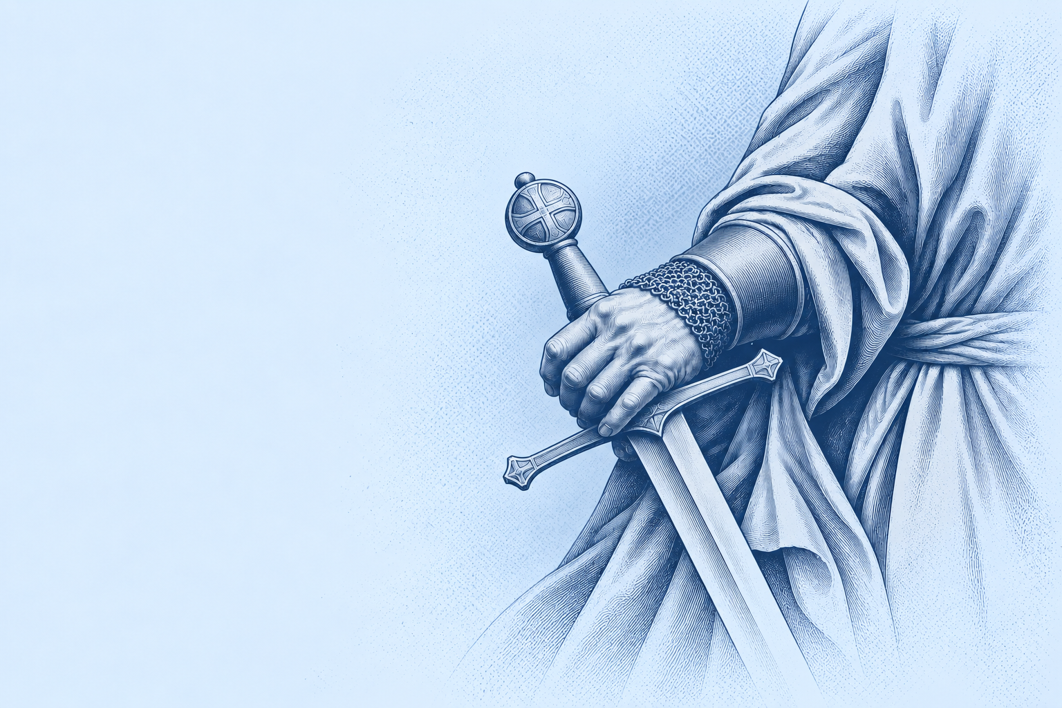 Sculptural hand resting on a sword, in pale blue