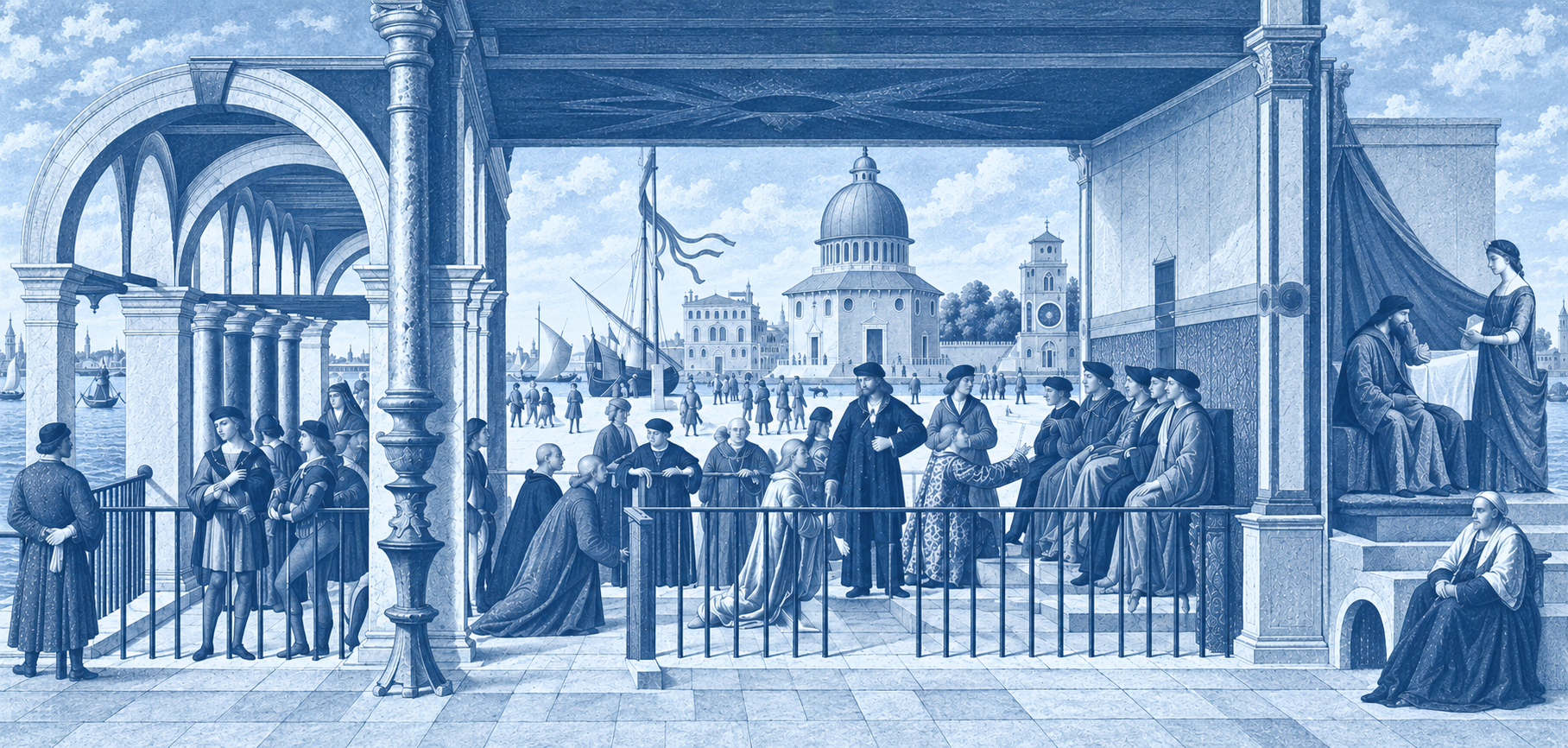 Diplomats and courtiers in a Renaissance arcade, adapted from Carpaccio