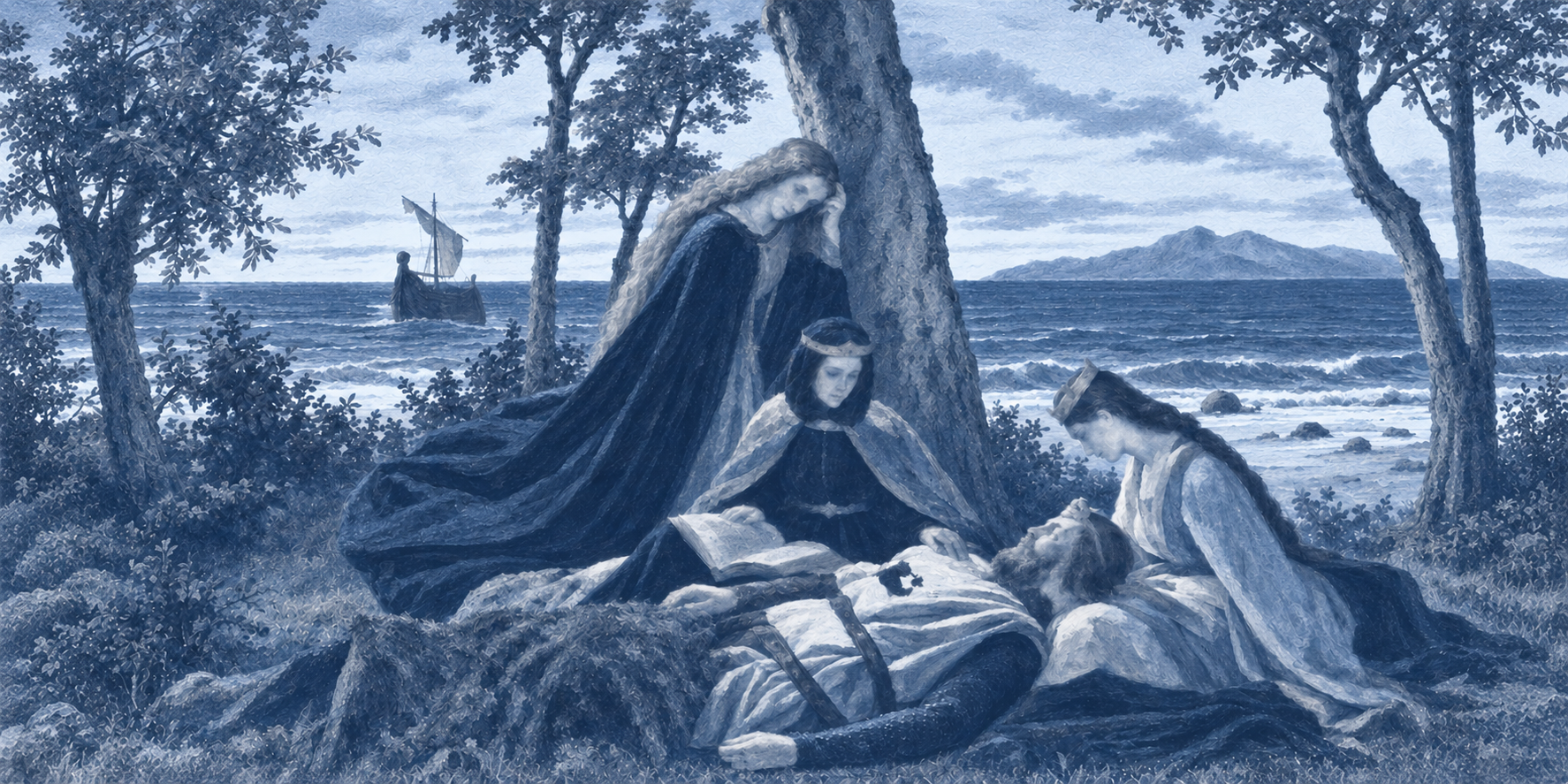 A reclining armoured king and two attendants on a wooded coast