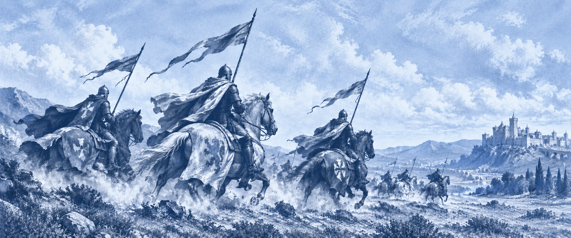 Helmeted cavalry riding across a broad landscape