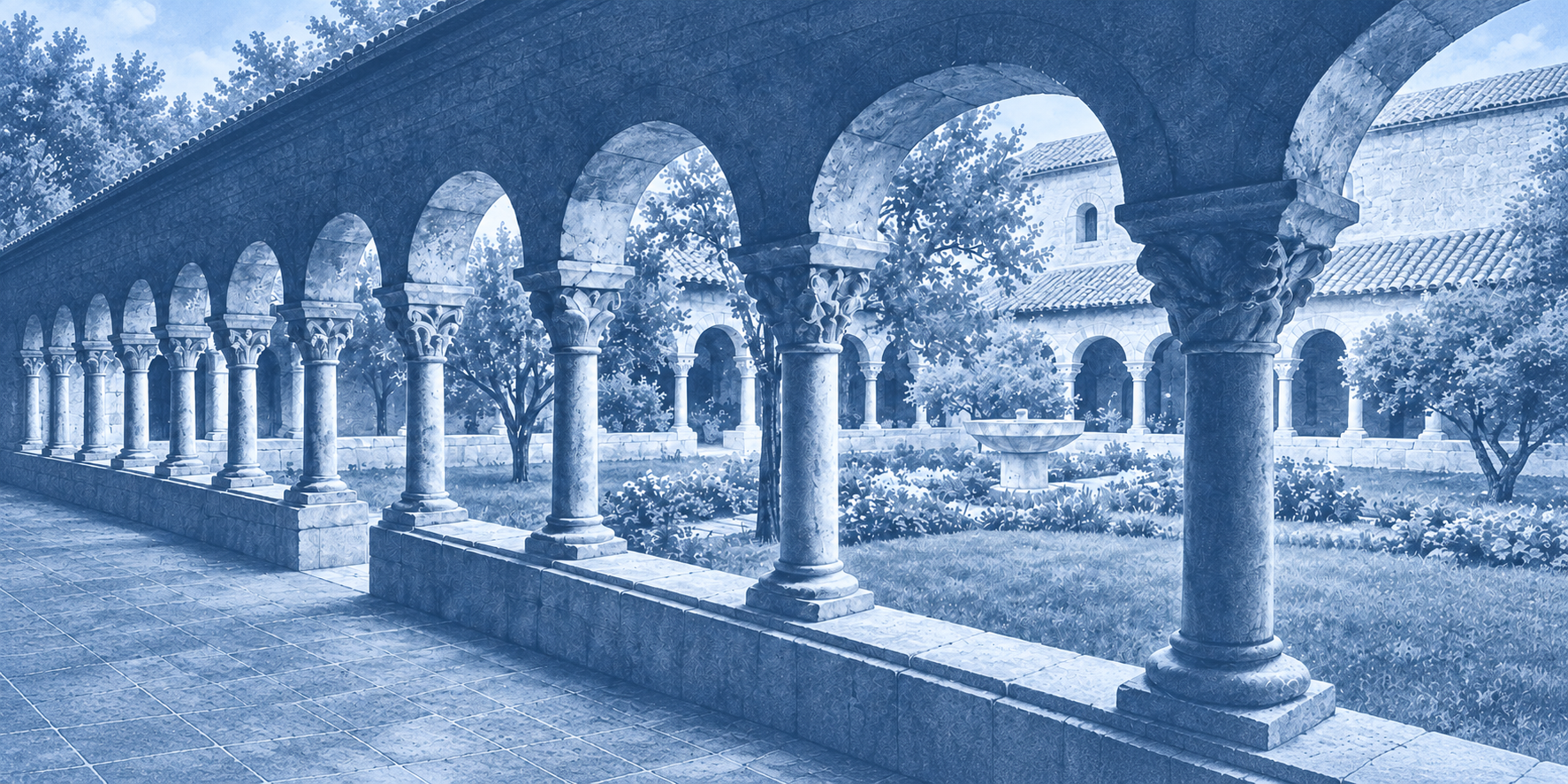 A cloister arcade looking into a garden courtyard
