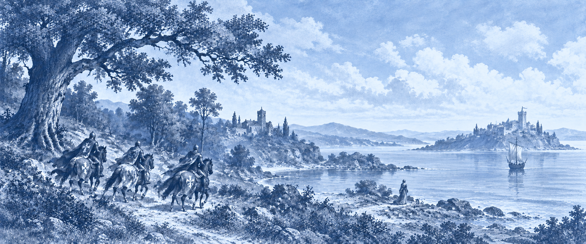 Helmeted riders on a wooded coast
