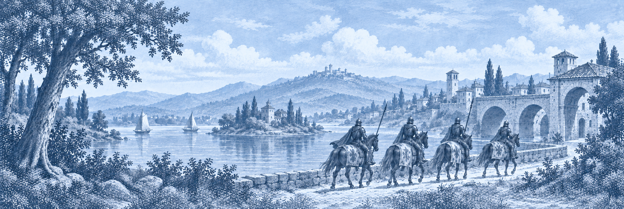 Four helmeted riders approaching a Renaissance bridge