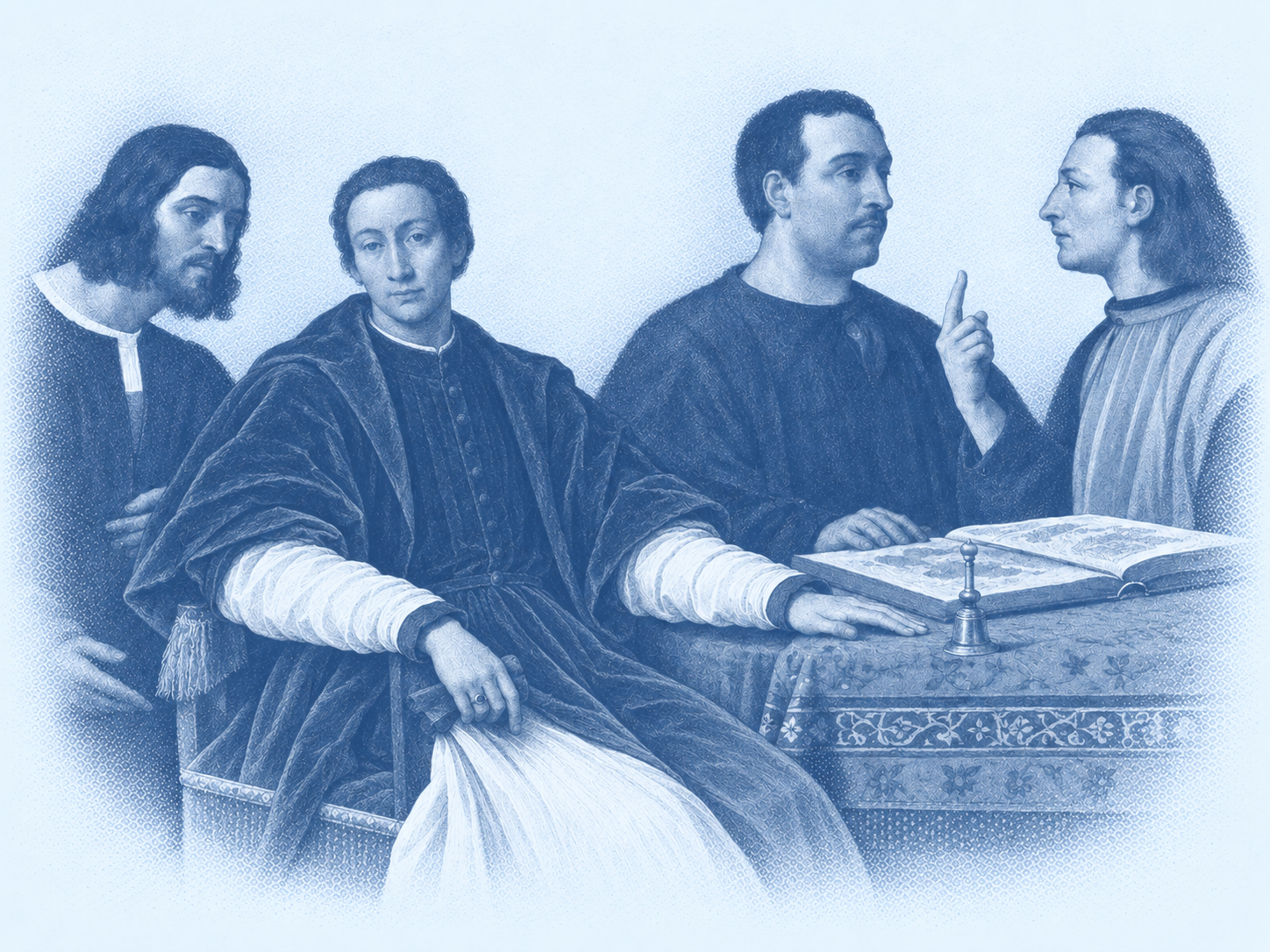 Four distinct Renaissance civic figures studying a manuscript, adapted from Sebastiano del Piombo
