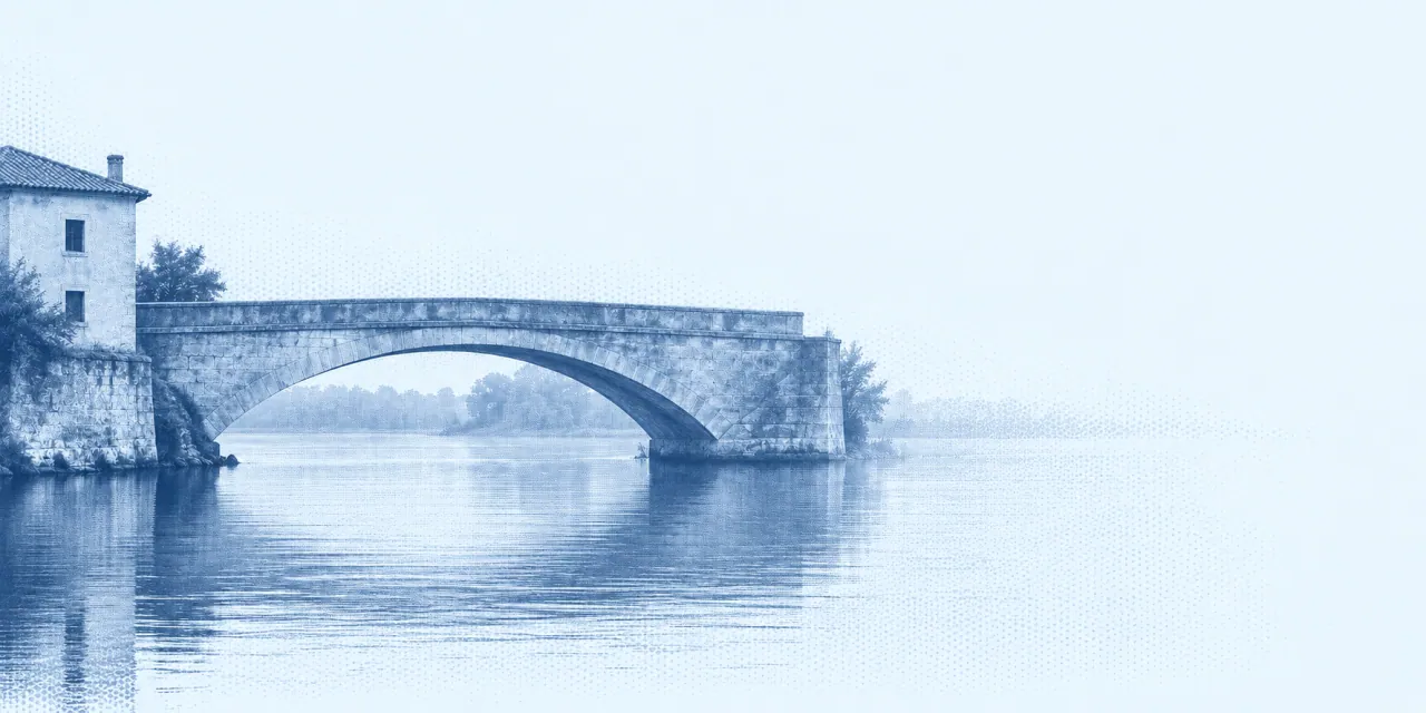 A Renaissance stone bridge crossing quiet water, rendered in pale blue