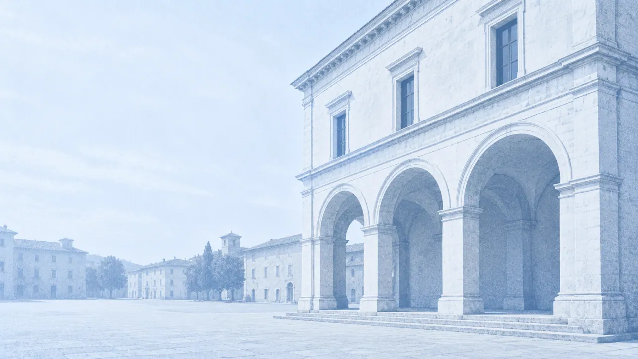 Renaissance arcade opening onto a quiet square in pale blue