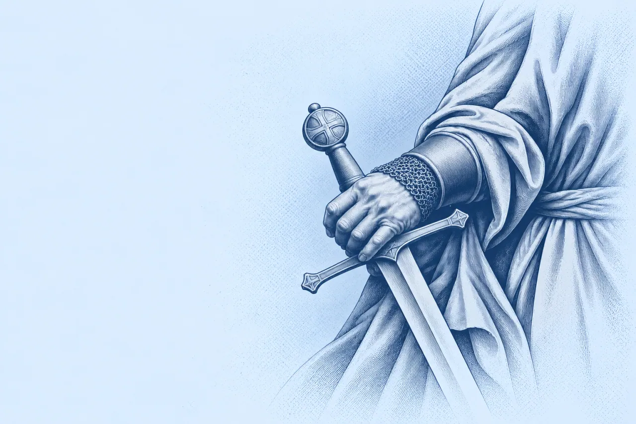 Sculptural hand resting on a sword, in pale blue