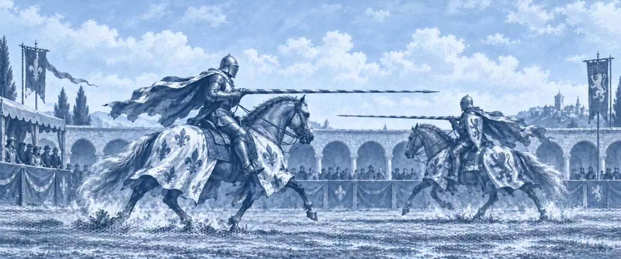 Two adult helmeted knights riding at a Renaissance tournament beside a stone arcade, rendered in blue